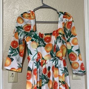 Orange Fruit Print Midi Dress